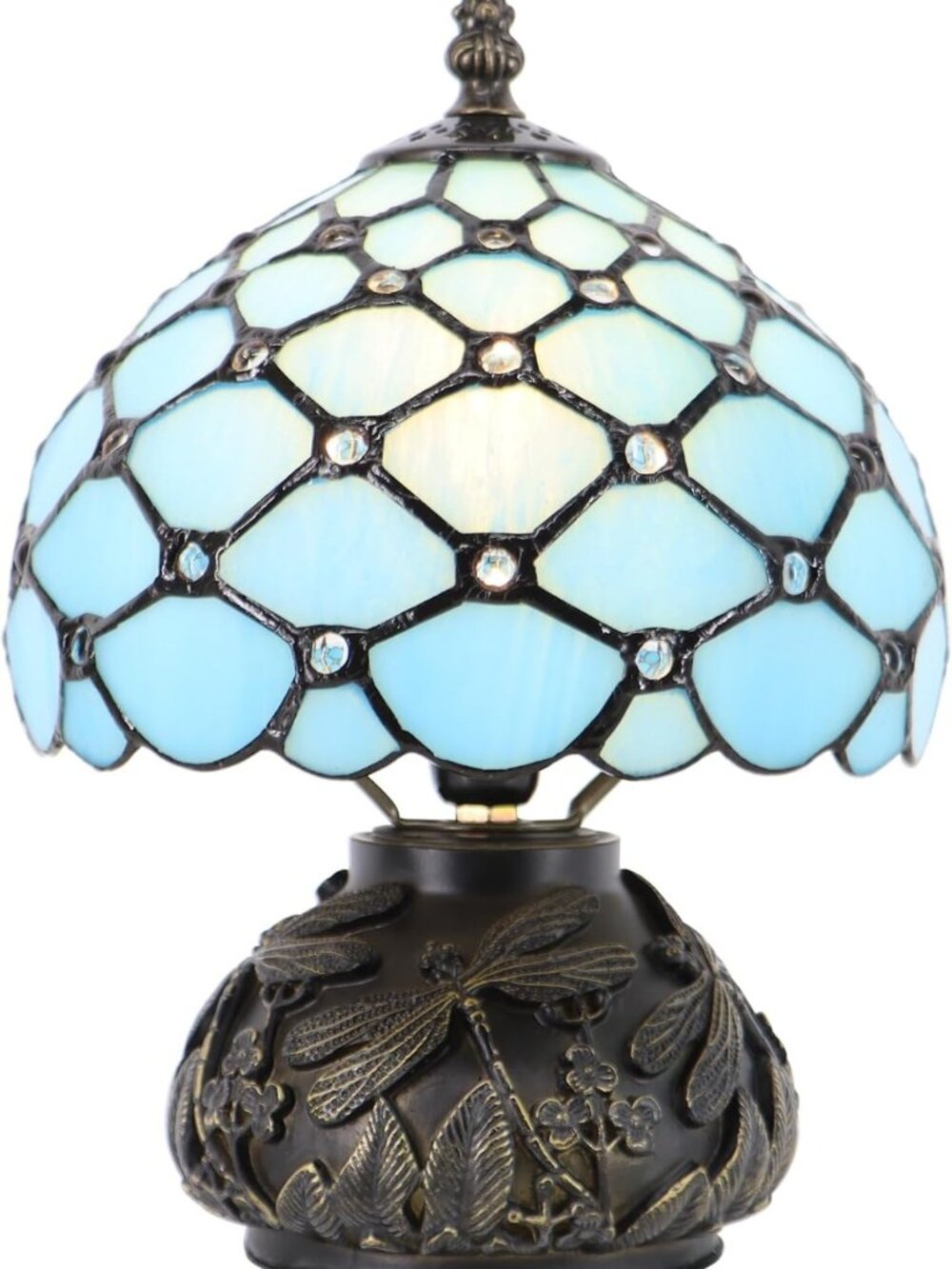 Charming Mini Mushroom Table Lamp - Antique Style, Sea Blue Beads, 8x11 Inch